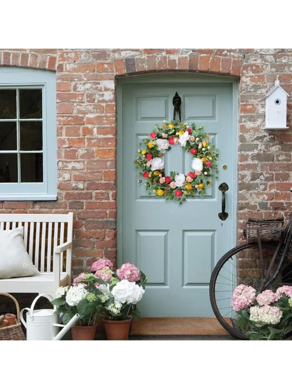 24-Inch Summer Floral Wreath - Artificial Peony & Rose, Colorful Green Leaves